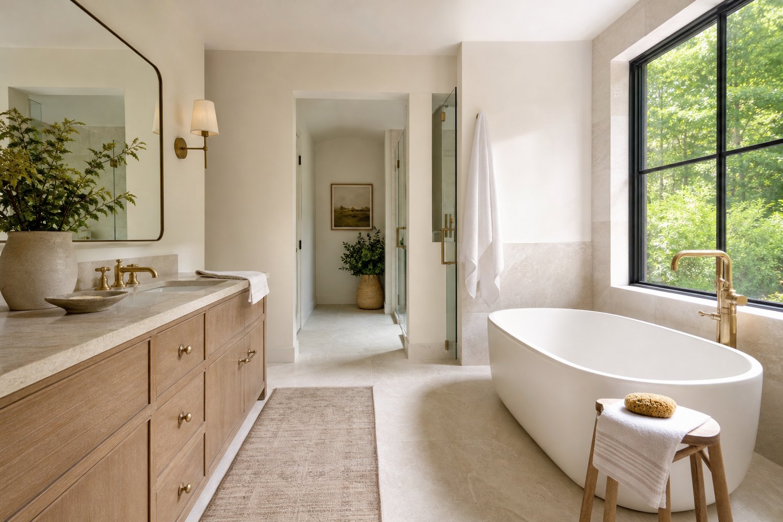 A calm renovated bathroom with an oak vanity and freestanding tub