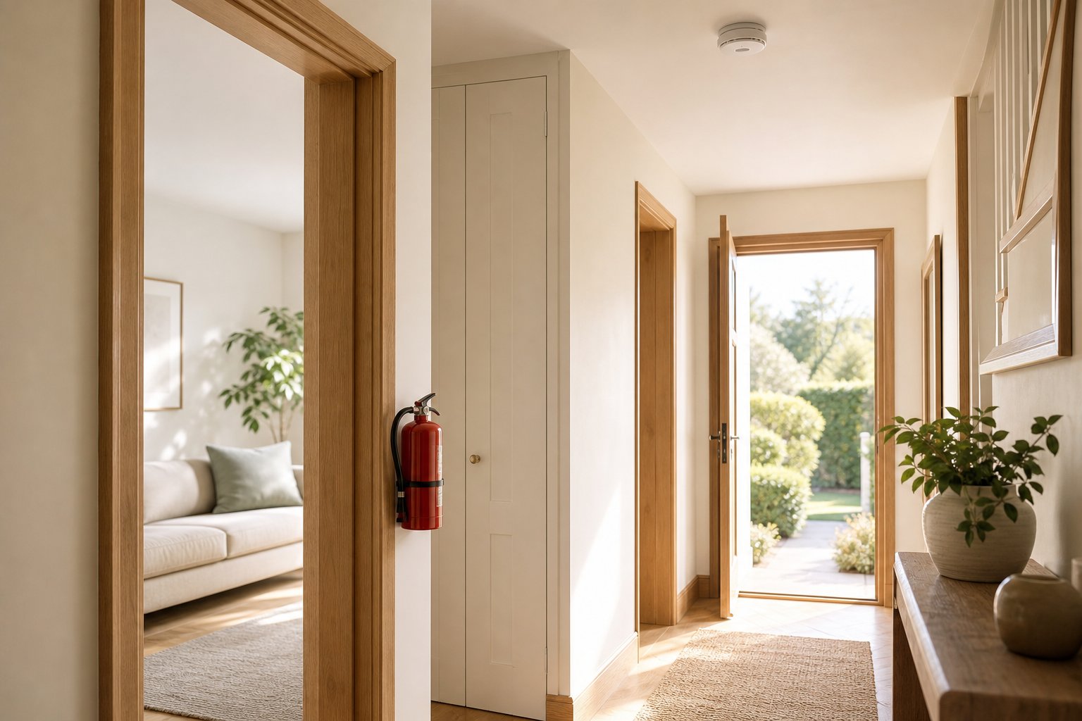 A bright renovated hallway with a discreet smoke alarm