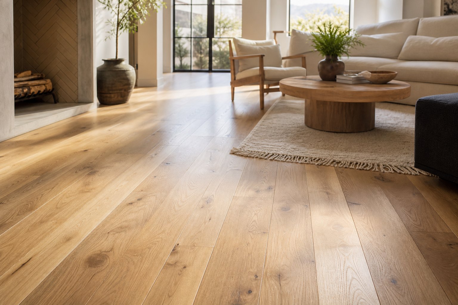 Natural oak flooring in a light-filled, comfortable living room