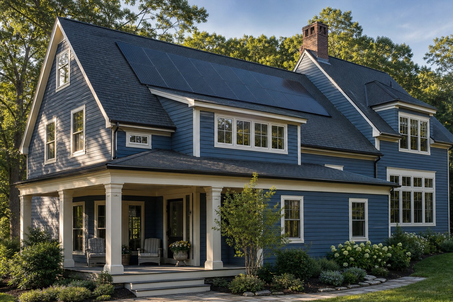 A slate-blue home with a refreshed, dark roof among leafy trees
