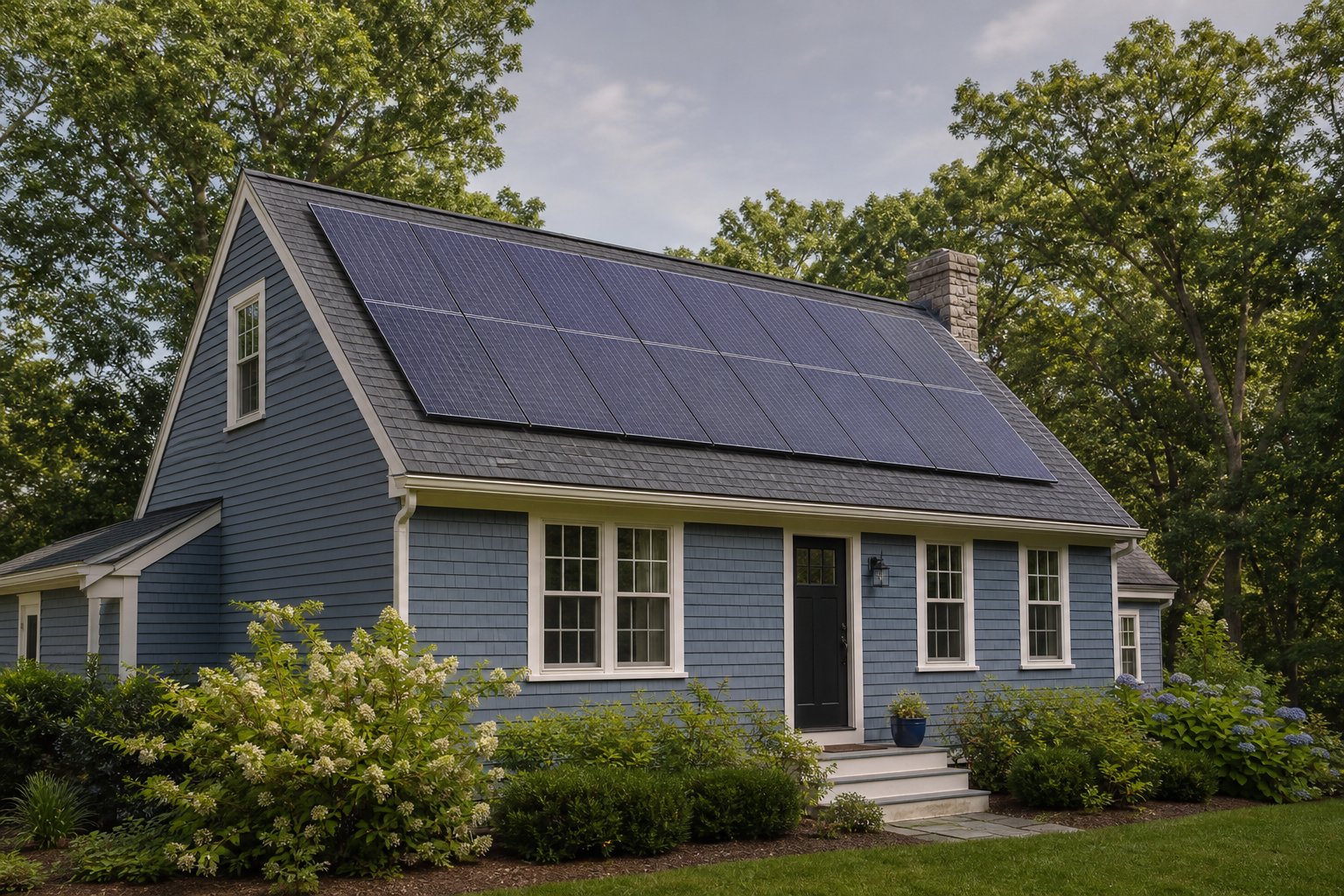 Dark glass solar panels fitted neatly across a home roof