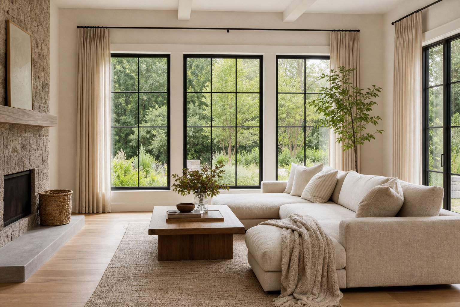 A bright living room with large replacement windows facing a green garden